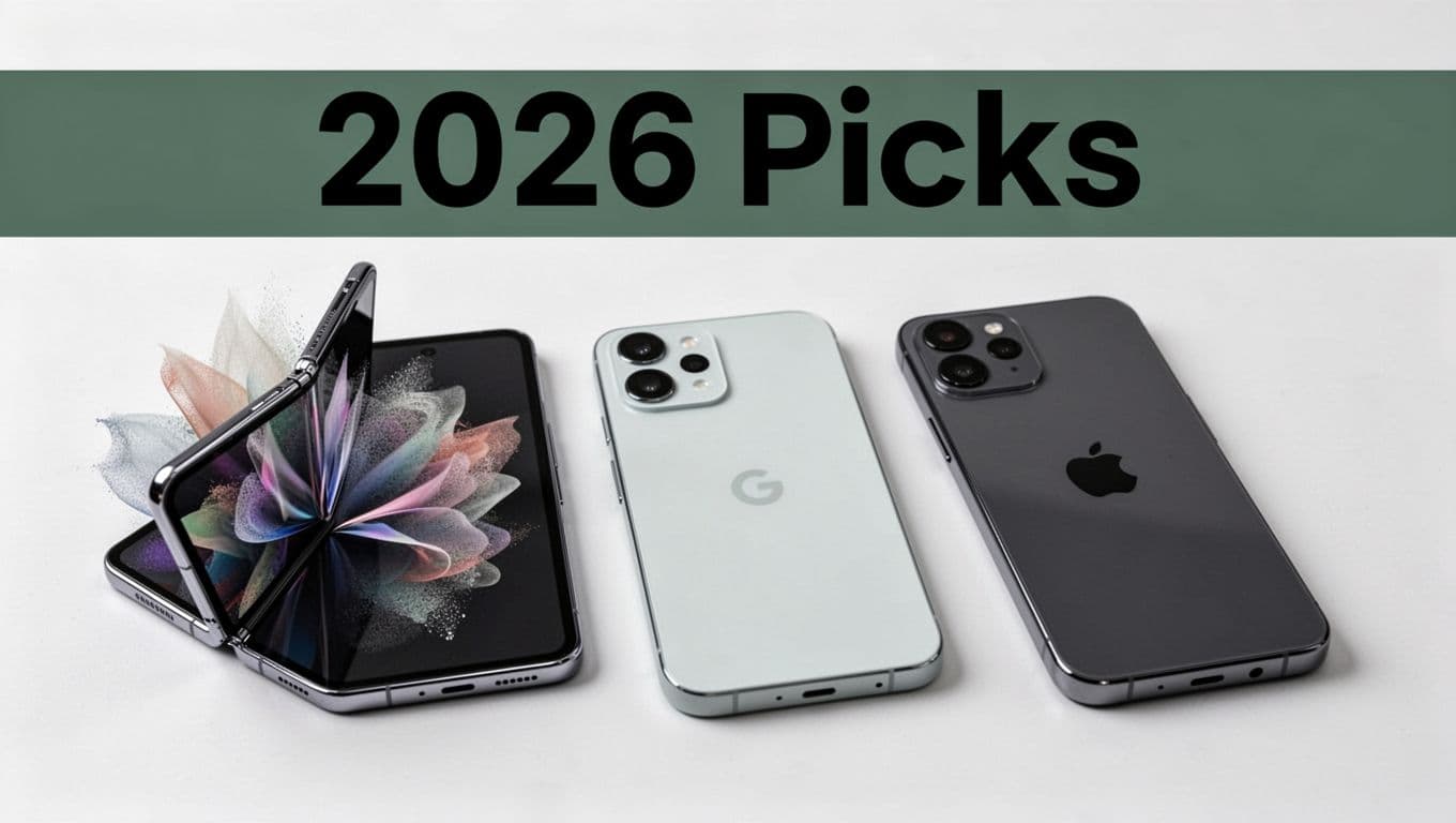 Three flagship 2026 smartphones side by side: Samsung Galaxy S26 foldable variant, Google Pixel 11, and Apple iPhone 18 on a minimalist surface with angled view and sharp details.