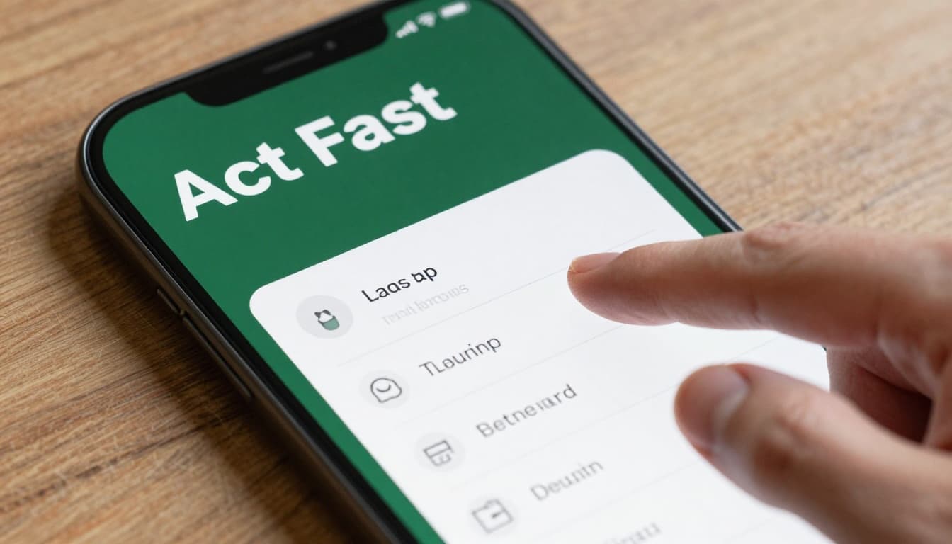 Close-up of smartphone settings screen showing app permissions review or uninstall option for a suspicious app, with a relaxed finger pointing at the interface. Bold 'Act Fast' headline on a muted dark-green band, modern phone on wooden surface with soft lighting.