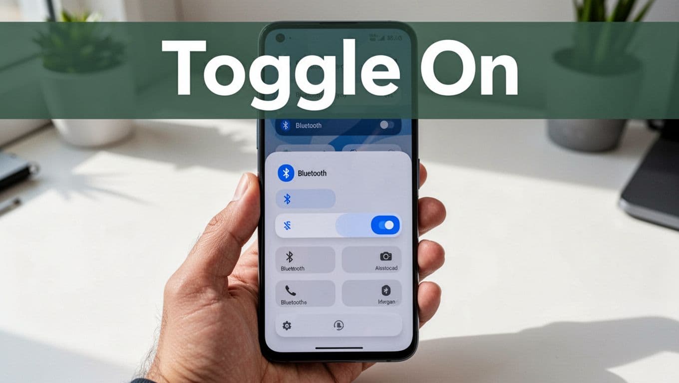 Hand holding modern Android smartphone with quick settings panel open, Bluetooth icon toggled on in blue, bold 'Toggle On' white headline over dark-green band, clean desk background, natural daylight.