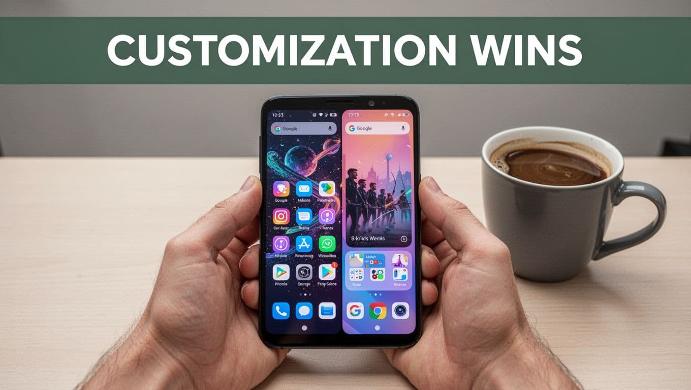 A realistic product shot of a single Android phone held in two hands on a desk next to a coffee mug, featuring heavy screen customization with unique launcher, colorful widgets, and split-screen apps, topped with a bold 'Customization Wins' headline in a dark-green band.