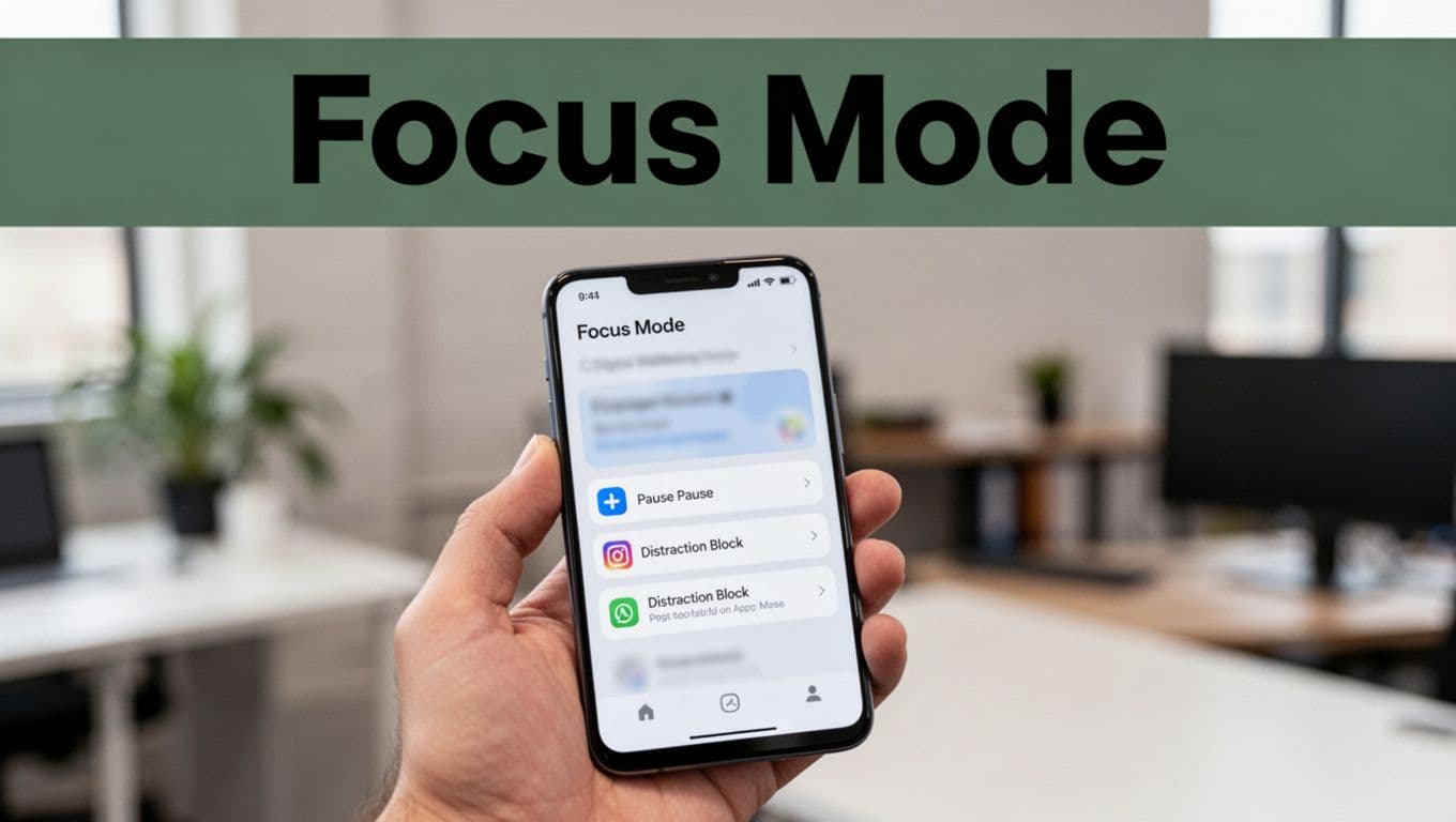 Modern Android smartphone held in hand displaying Focus Mode settings for blocking distractions, with bold 'Focus Mode' headline on dark-green band above.