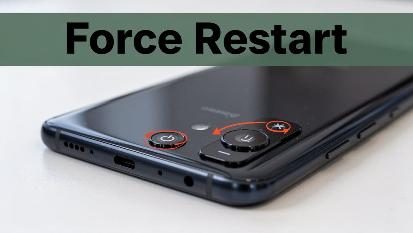 Side-angle realistic photography of an Android phone on a table with power and volume down buttons highlighted for force restart, under bright even lighting, no screen or hands visible. Bold 'Force Restart' headline in Montserrat Black font on a muted dark-green band at the top.