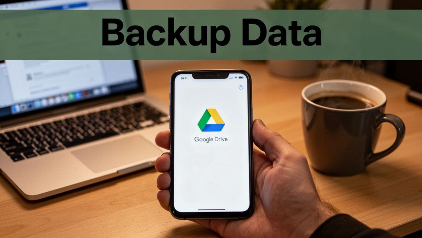 Close-up photorealistic image of an Android smartphone displaying a backup screen with visible Google Drive icon, relaxed held in one hand on a desk next to laptop and coffee mug under warm indoor lighting, featuring bold 'Backup Data' headline on muted dark-green band at top.