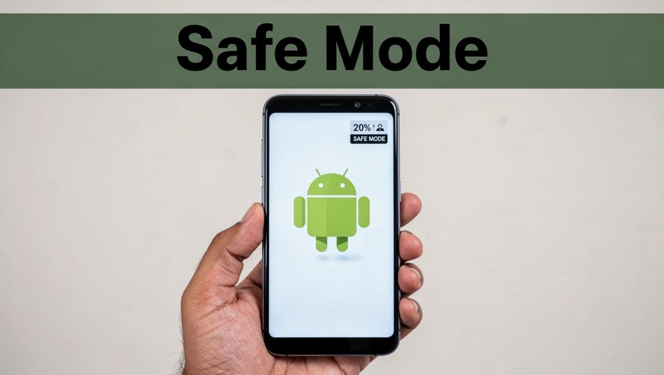 Android phone booted into safe mode with indicator on screen corner, held upright in one hand on plain background under soft lighting.