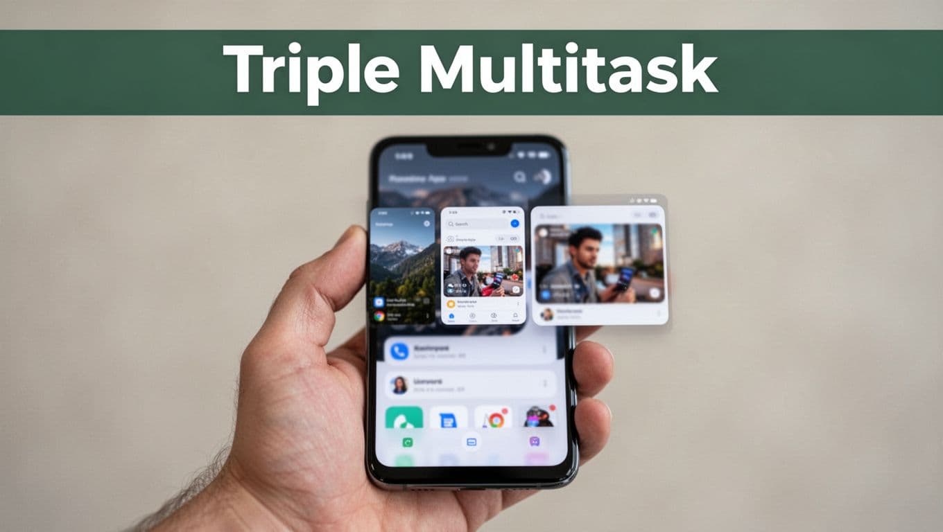 Modern Android smartphone held in relaxed hand displaying resizable triple-app multitasking interface on neutral background with soft lighting. Bold dark-green 'Triple Multitask' headline at top, realistic photo style.
