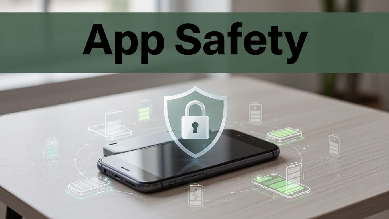 Bold 'App Safety' headline on a muted dark-green band at the top, featuring a smartphone with subtle lock icon and shield overlay on a clean table in natural light, illustrating safe app usage.