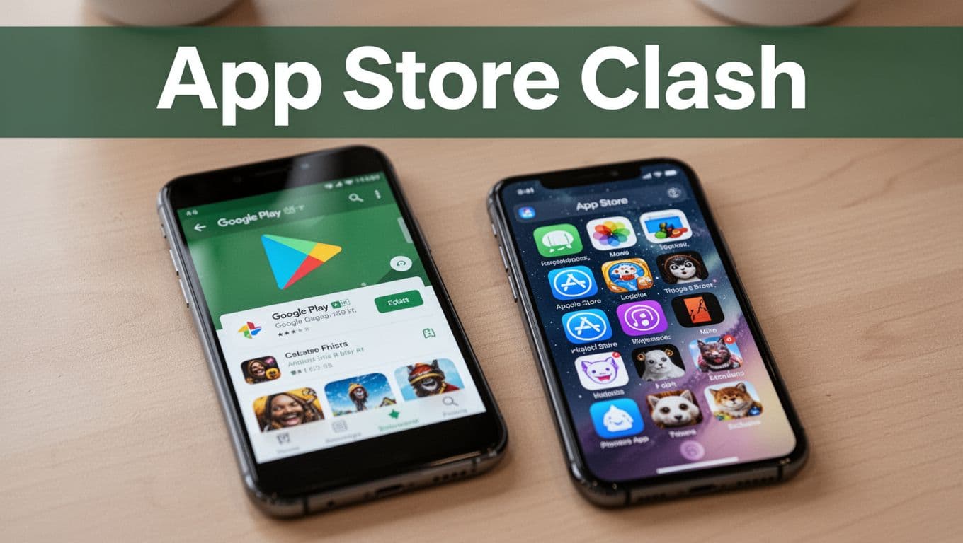 Photorealistic angled view on a table of an Android phone displaying the Google Play Store app next to an iPhone showing the App Store app, with app icons and premium feel, overlaid with a bold 'App Store Clash' headline in Title Case on a muted dark-green horizontal band near the top.