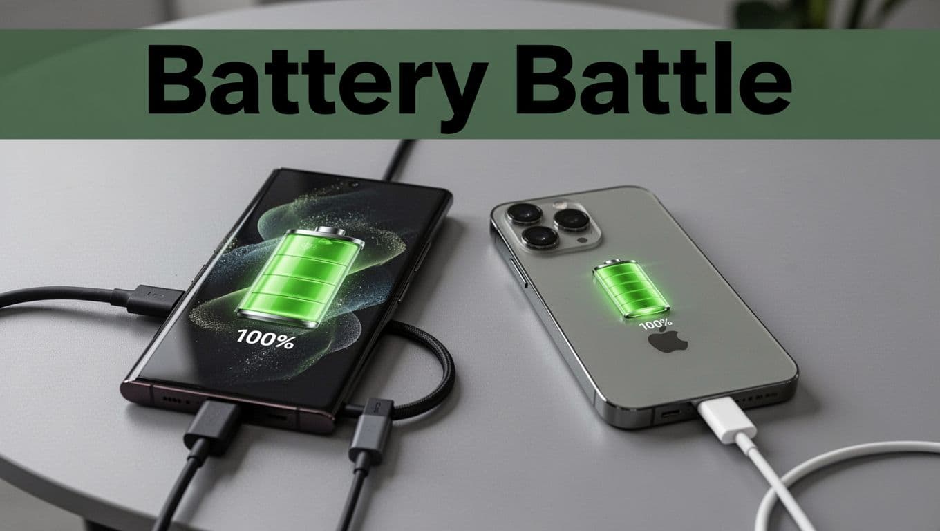 Side-by-side realistic renders of Samsung Galaxy S26 Ultra with large 100% battery icon and thick fast charger cable next to Apple iPhone 18 Pro Max with smaller battery icon and slim charger, under bold 'Battery Battle' headline on dark-green band, for comparing battery capacity and charging speeds.
