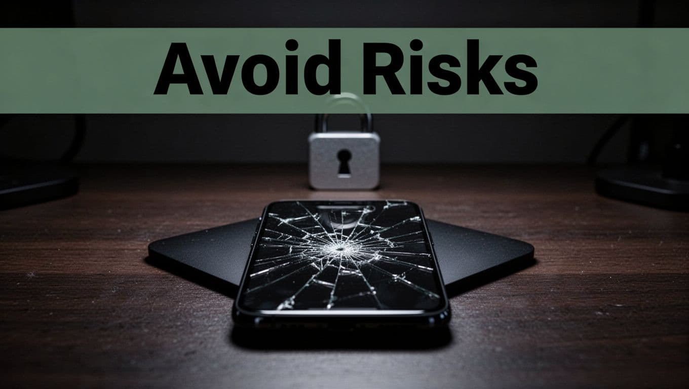 Warning sign with a cracked smartphone screen and lock icon in a dark, moody desk setting, featuring a bold 'Avoid Risks' headline in a muted dark-green band at the top.