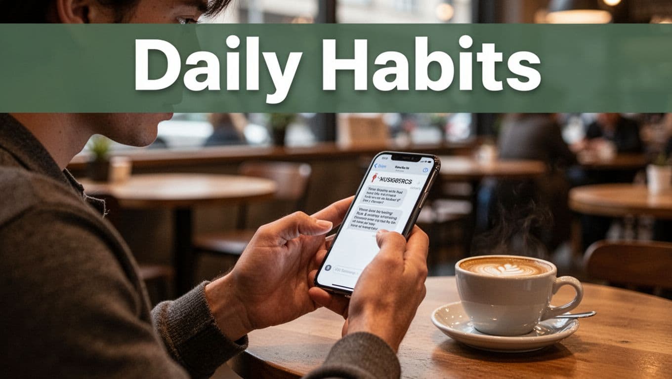 Person cautiously checking suspicious phishing text message on smartphone in public cafe with coffee cup, illustrative realistic style.