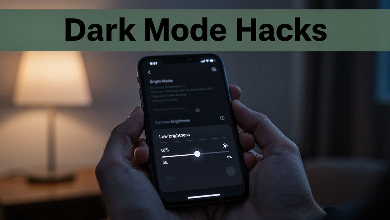 Smartphone held comfortably in one relaxed hand displaying dark mode interface and low brightness in dim evening indoor setting with soft lamp light.