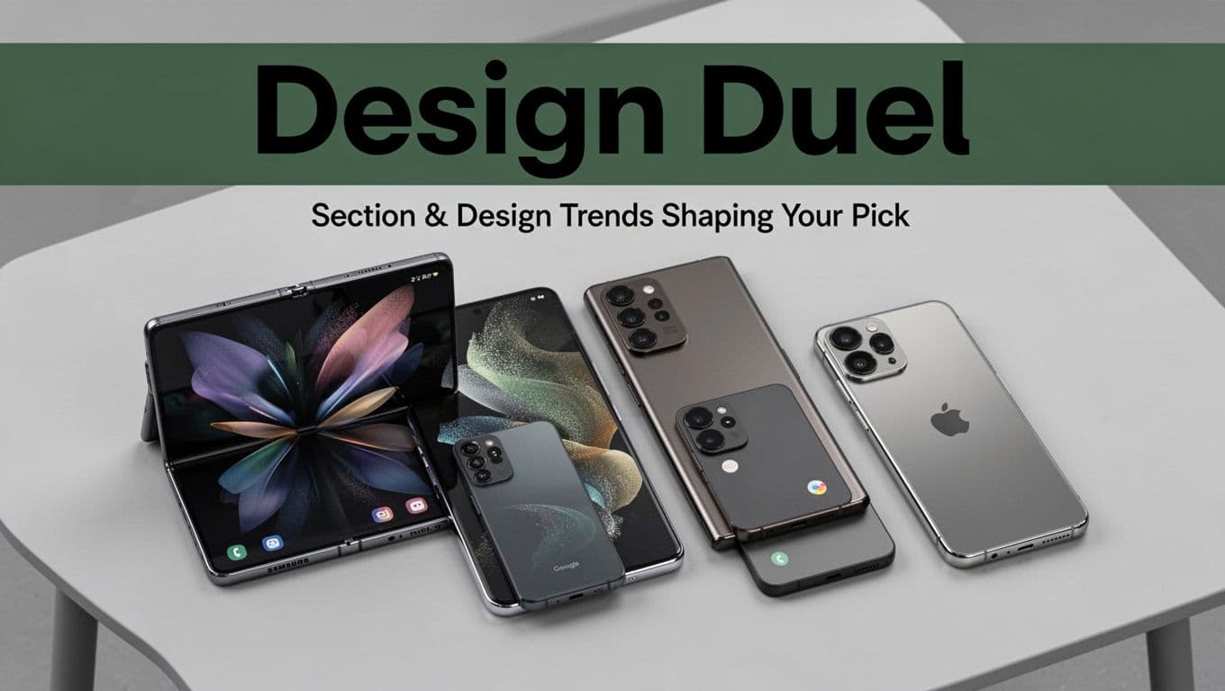 Bold 'Design Duel' headline over a top-down view of diverse Android phones (Samsung Galaxy Z Fold7, S26 Ultra, Google Pixel 11) beside a single slim Apple iPhone 18 Pro Max on a minimalist light gray table, showcasing Android design variety against iPhone consistency.