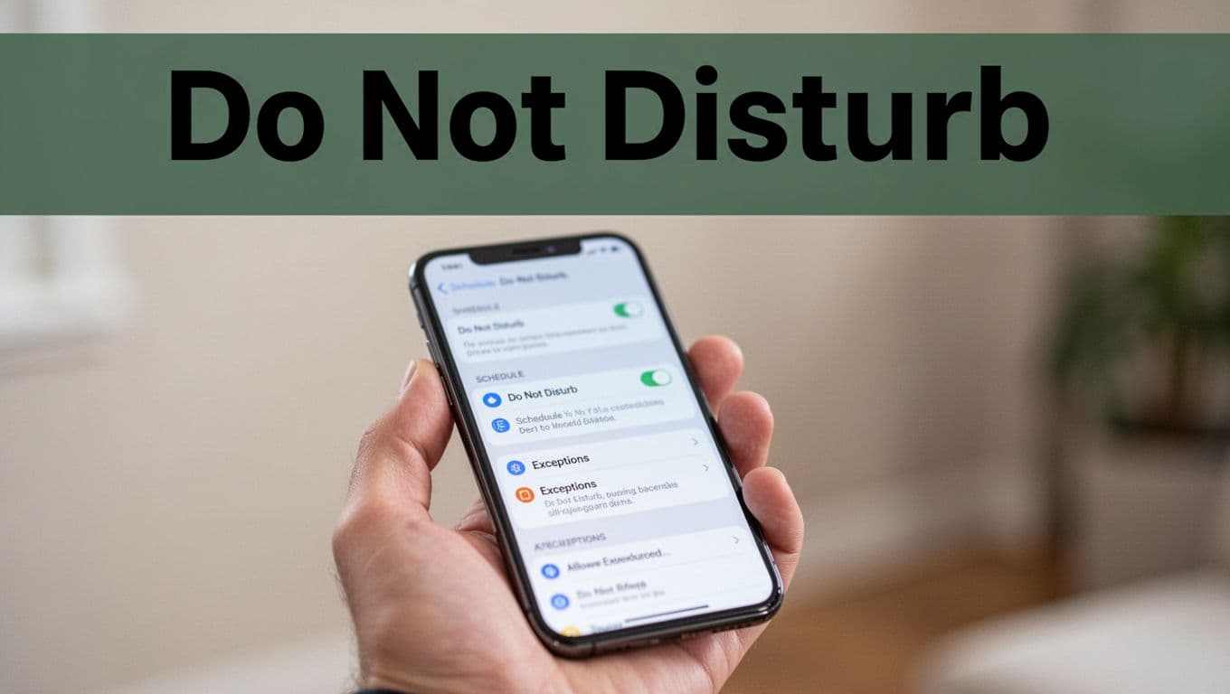 Modern smartphone held in hand showing Do Not Disturb settings menu with blurred schedule and exceptions options, under bold 'Do Not Disturb' headline on muted dark-green band.