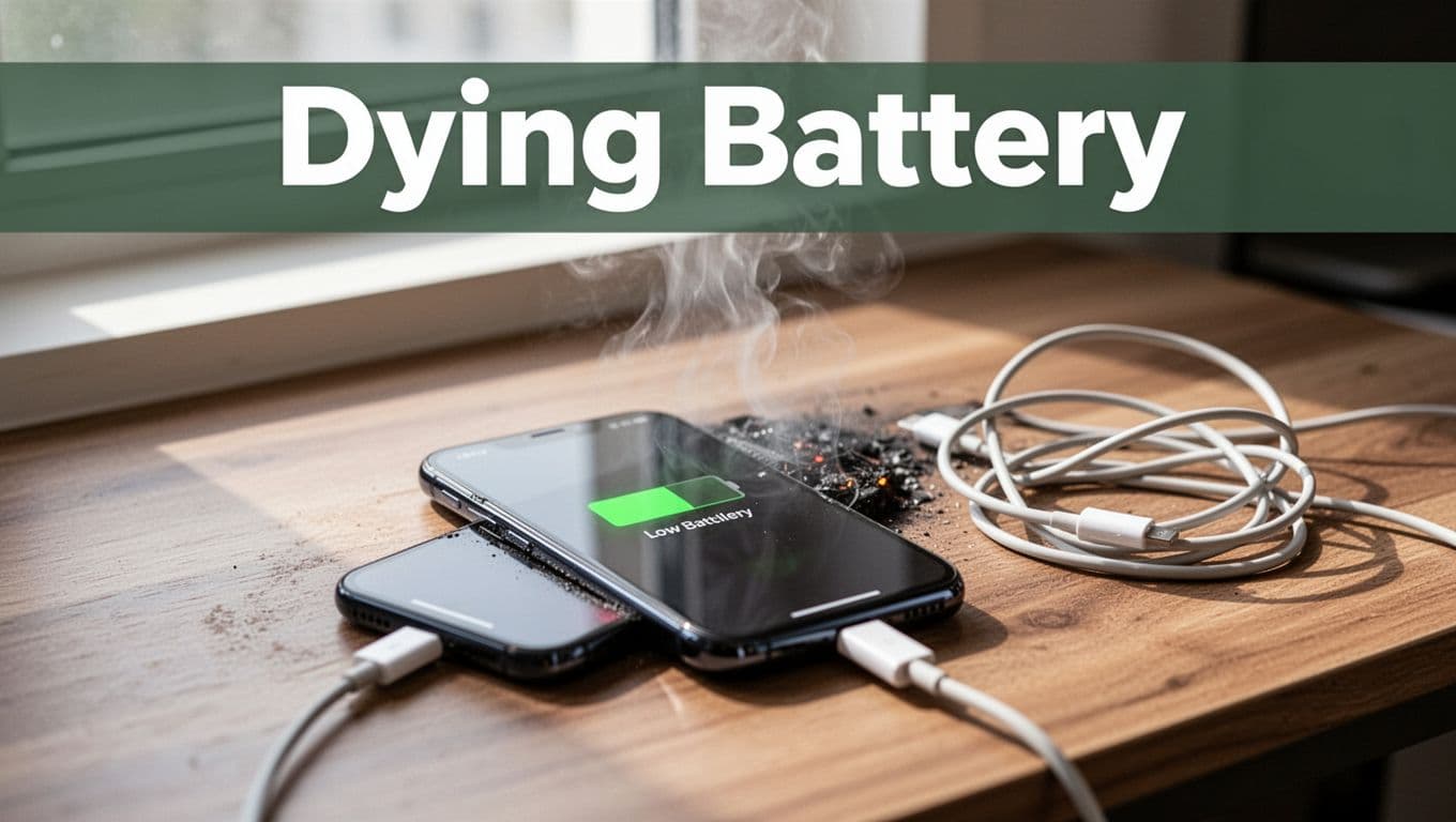 Smartphone displaying low battery warning on screen, alone on wooden desk with tangled charging cable and faint overheating steam, bold 'Dying Battery' headline in dark-green band, realistic close-up photo.
