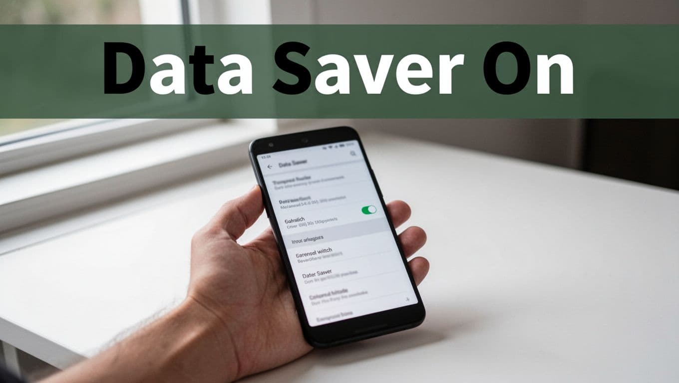 Bold 'Data Saver On' headline on dark green band above a hand holding a black Android phone on a white desk, screen blurred showing activated green data saver toggle.