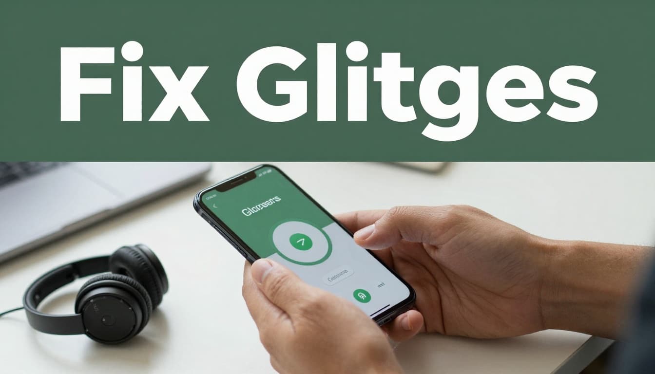 A frustrated person restarts their phone and headphones on a slightly cluttered office desk to fix a Bluetooth connection, with the phone screen showing the restart option and natural light illuminating the scene. Bold editorial style features an edge-to-edge muted dark-green band at the top with high-contrast white 'Fix Glitches' headline.