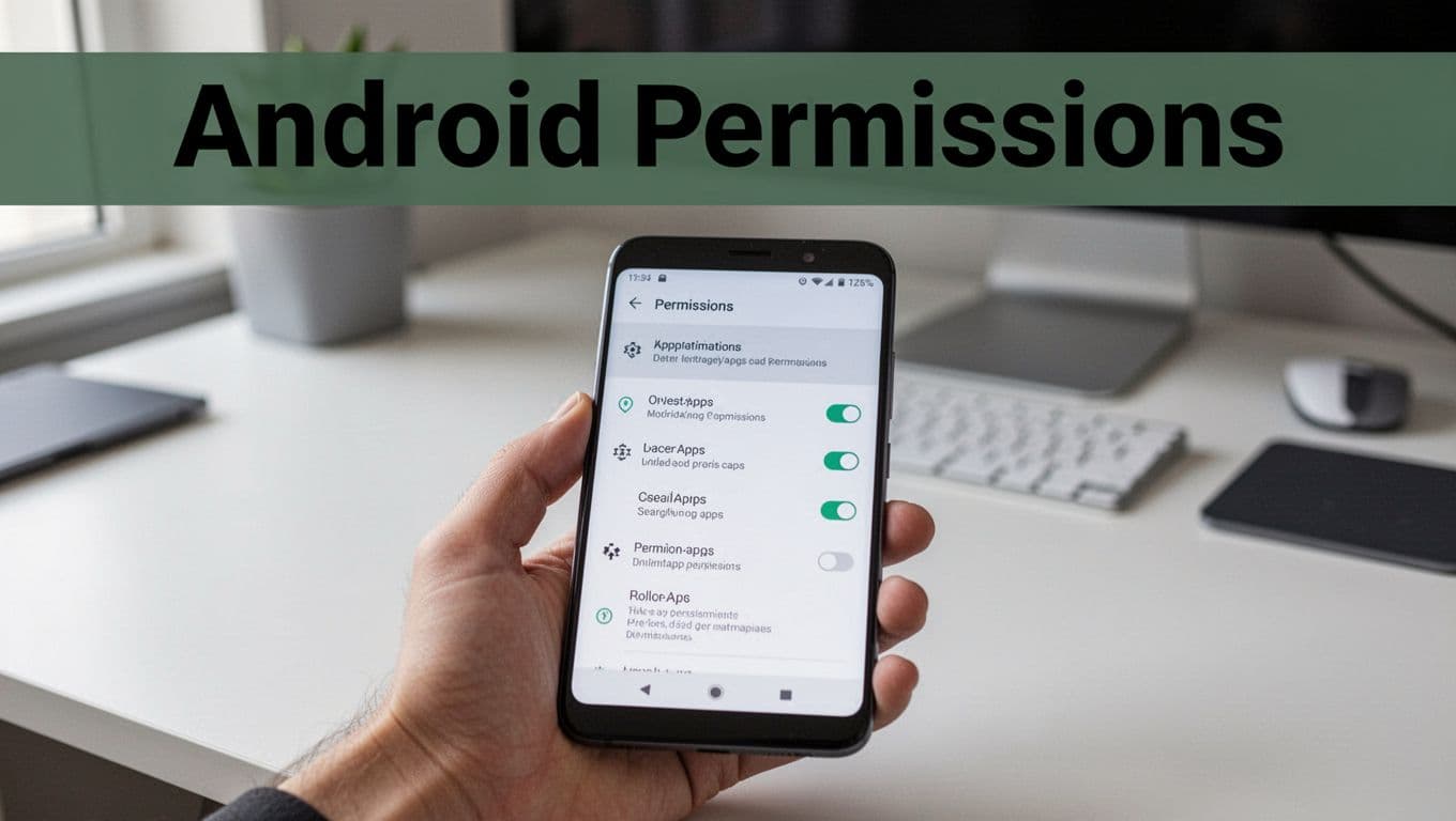 A person's hand holding an Android smartphone displaying the app permissions settings screen at an angle on a clean modern desk with subtle tech elements. Centered composition focuses on the phone screen showing permission toggles, with a bold 'Android Permissions' headline in a muted dark-green band at the top, realistic photo style with soft natural lighting.