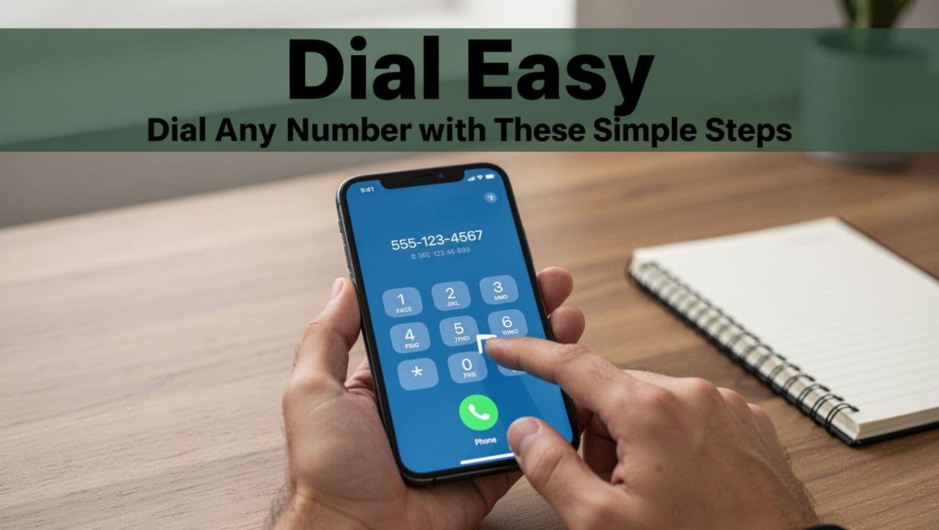 Hand holding smartphone with Phone app keypad showing 555-123-4567 entered, finger tapping green call button, on modern wooden desk with notebook, photorealistic close-up.