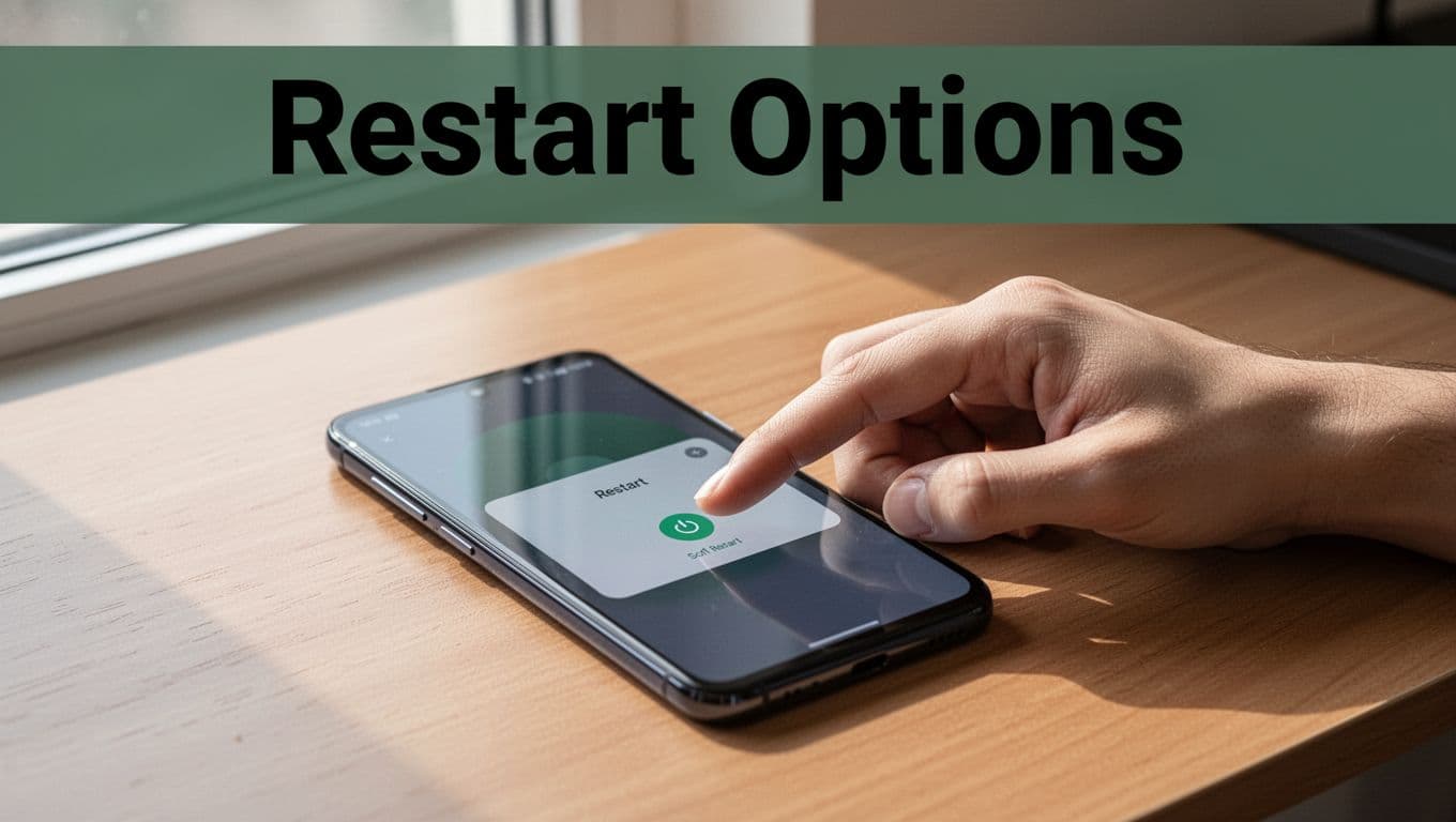 A hand presses the power button on a modern Android smartphone showing the restart option, placed on a wooden desk with soft natural light. Bold 'Restart Options' headline in a dark-green band at the top, realistic photography style.