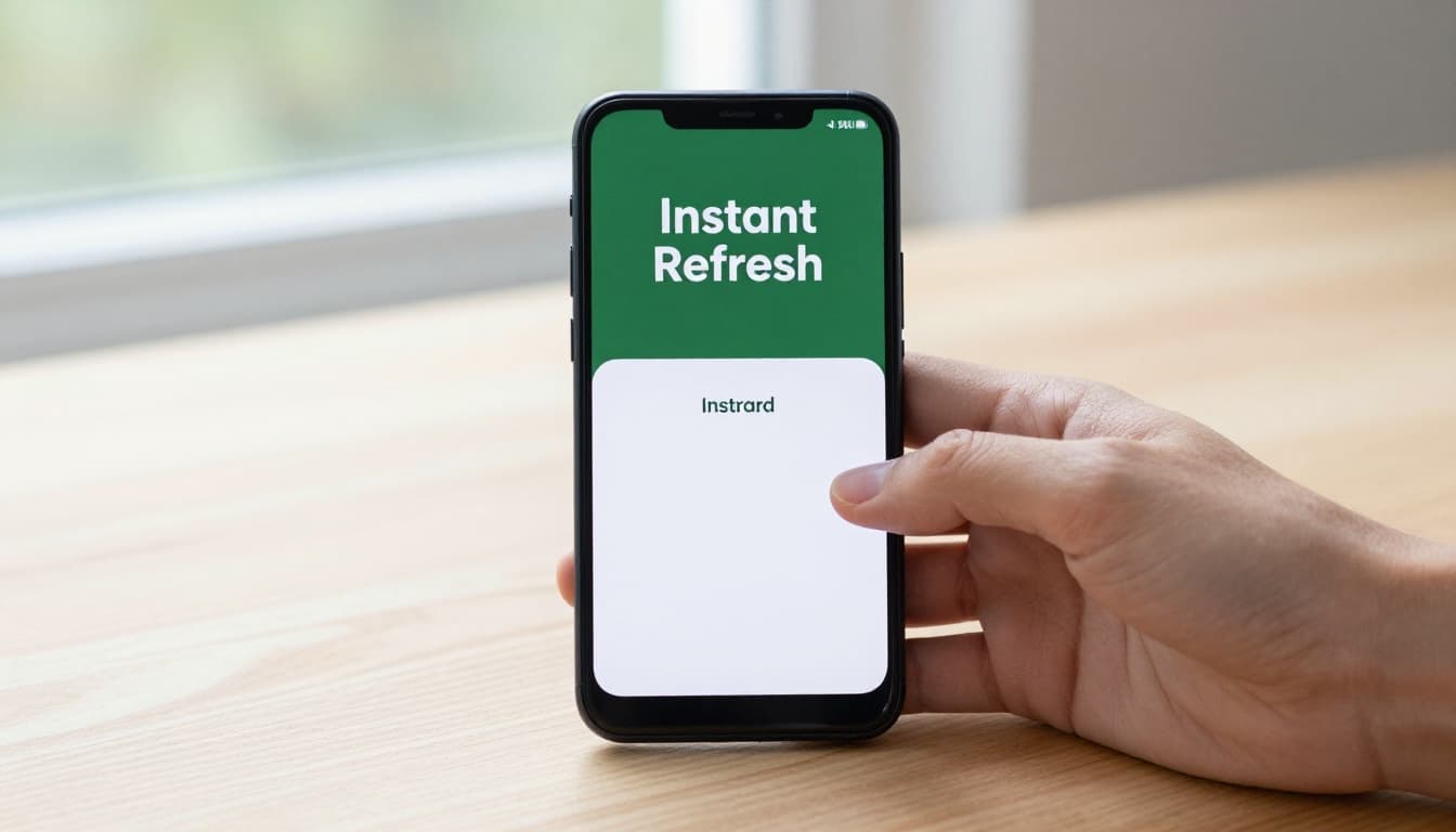 A hand gently presses the power button on a modern black Android smartphone displaying the restart menu, placed on a clean light wood desk with soft natural daylight. The image features a muted dark-green edge-to-edge band near the top with the bold headline 'Instant Refresh' in geometric sans-serif font.