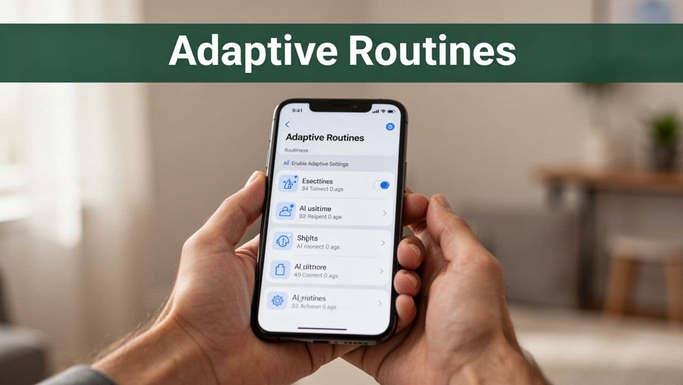 Modern smartphone held comfortably in one relaxed hand displaying adaptive settings menu with AI routine predictions interface on screen, neutral indoor background with soft natural lighting, screen slightly blurred to focus on hand and device.