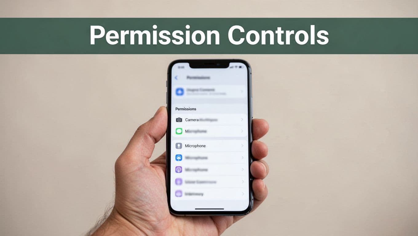 Modern smartphone held comfortably in one relaxed hand displaying app permissions manager screen with blurred categories like camera and microphone, neutral background, soft lighting, centered realistic photo. Bold muted dark-green band near top with 'Permission Controls' headline in high-contrast sans-serif font.