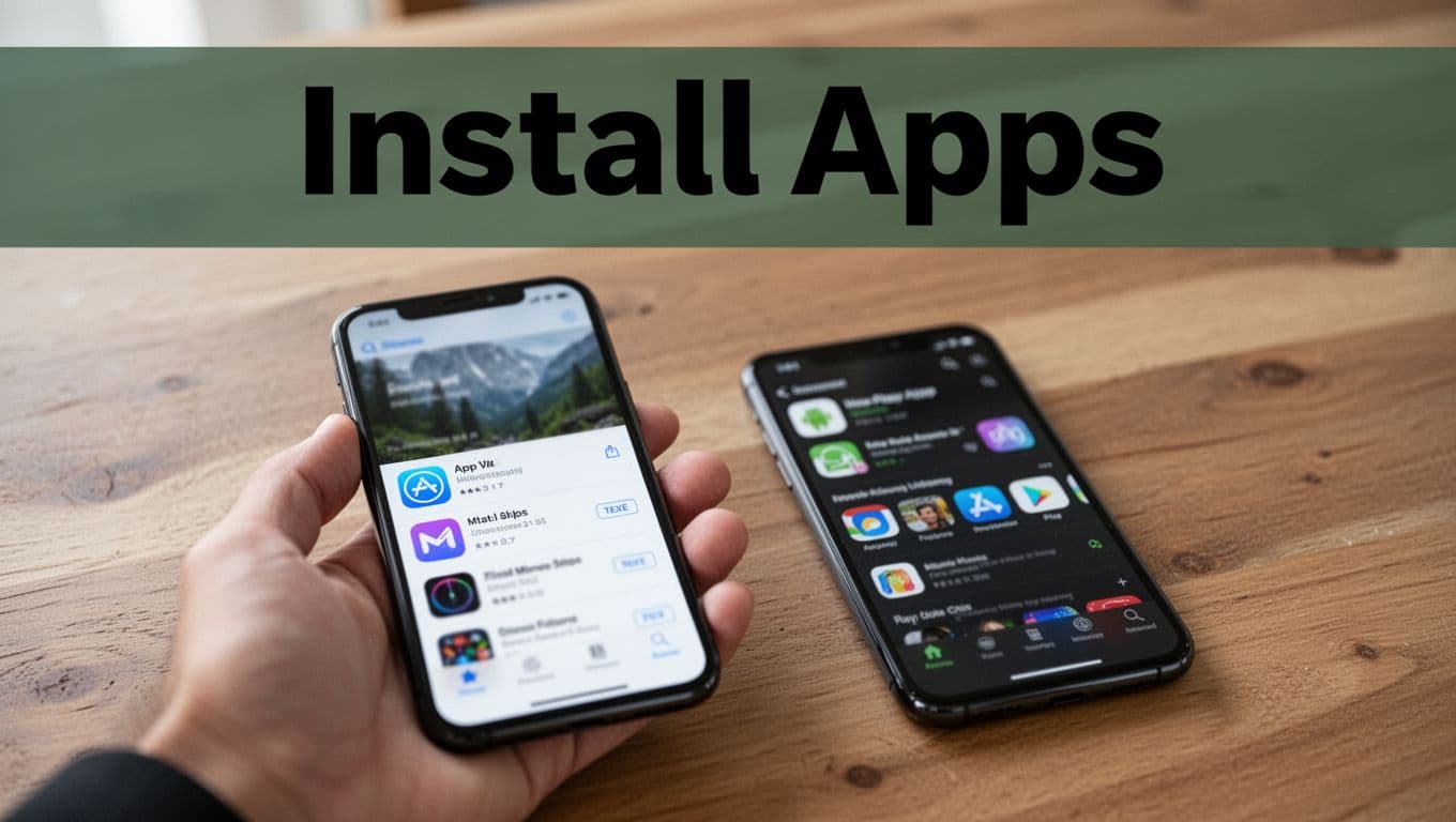 Bold 'Install Apps' headline in Montserrat Black font on a muted dark-green band at the top, with a hand holding an iPhone showing a blurred App Store screen next to an Android phone displaying the Play Store on a wooden table under soft natural light.