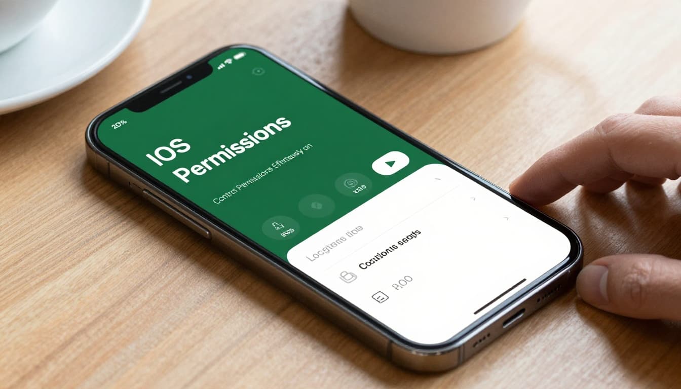 iPhone screen at slight angle showing iOS Privacy & Security settings with location services open, on wooden table with coffee mug and resting hand nearby, photorealistic bright daylight, bold 'iOS Permissions' headline.