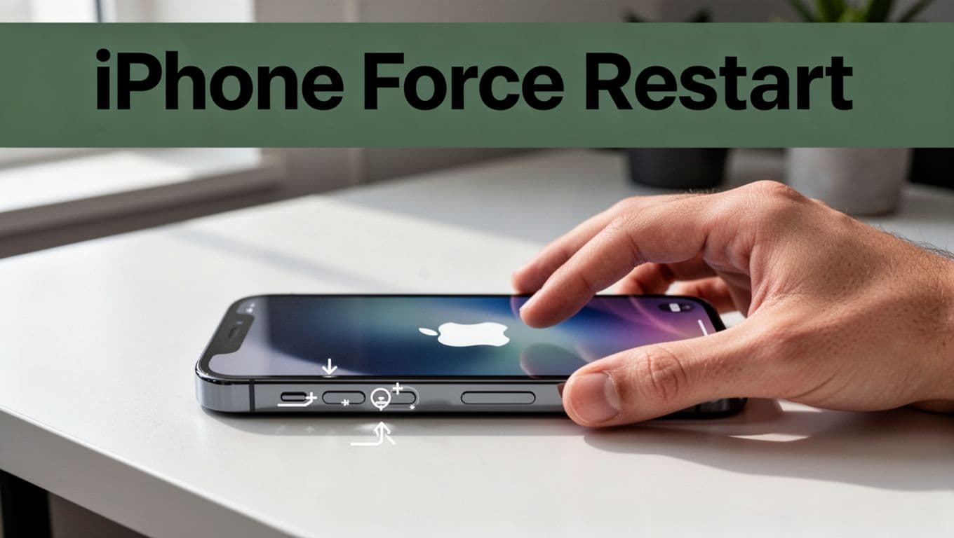 Side view of iPhone 16 on a desk showing a hand quickly pressing volume up, then down, and holding the side button, with the screen transitioning to the Apple logo restart. Clean modern setting with natural light, bold 'iPhone Force Restart' headline overlay.