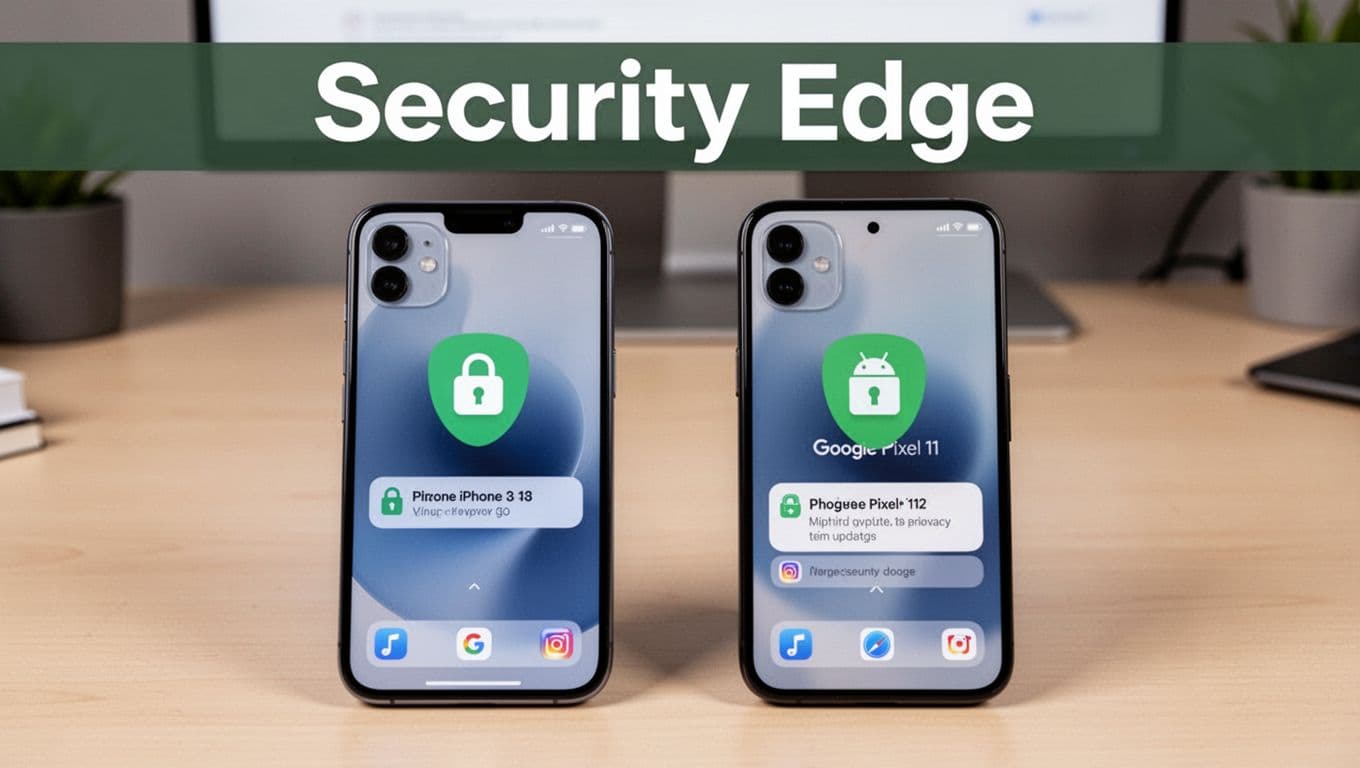 Side-by-side iPhone 18 and Google Pixel 11 screens on a simple desk, highlighting security features like lock icons and update notifications, with 'Security Edge' headline in bold sans-serif font on a dark-green band.