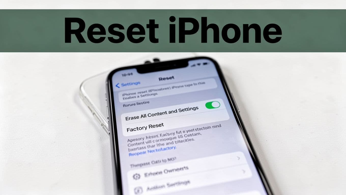 Photorealistic close-up of an iPhone screen displaying the Erase All Content and Settings option in the settings menu, with a bold 'Reset iPhone' headline on a muted dark-green band at the top. The phone rests on a white surface under soft overhead light, featuring subtle reflections and a tight centered composition.