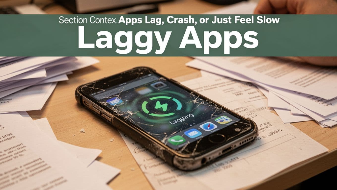 An older smartphone shows a frozen app screen with a spinning loading icon, angled on a cluttered office desk surrounded by papers, captured in photorealistic style with warm indoor lighting and a bold 'Laggy Apps' headline in a dark-green band.