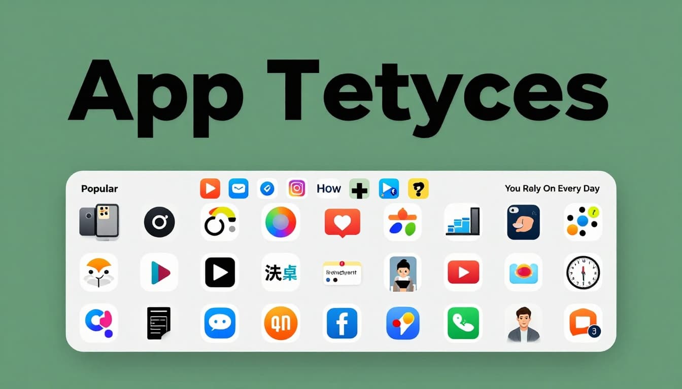Bold 'App Categories' headline in sans-serif font on a muted dark-green band at the top, above a smartphone screen displaying a grid of colorful app icons for social, gaming, health, and more, viewed from above on a desk with subtle reflections and natural daylight lighting.