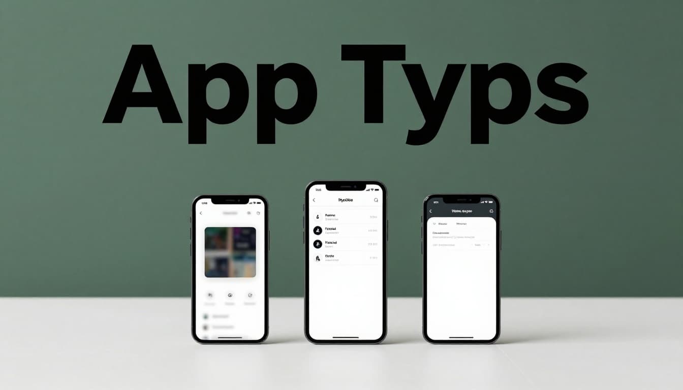 A bold 'App Types' headline in Montserrat Black font on a muted dark-green band at the top, with three smartphones below on a white table showing native app (left, blurred), hybrid app (middle), and web app in browser (right), under natural lighting.