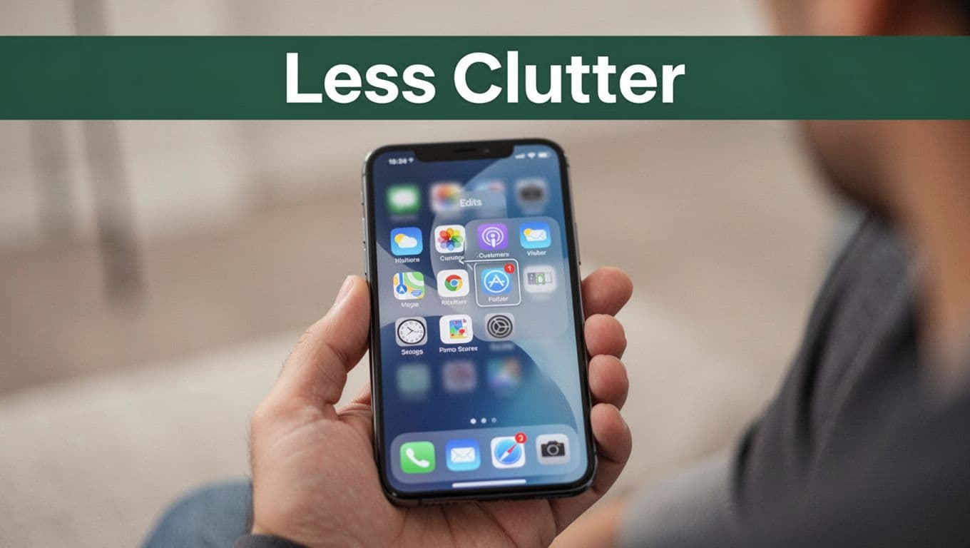 A hand holds a modern smartphone in edit mode on the home screen, dragging icons into a folder to reduce clutter, with a bold muted dark-green banner displaying 'Less Clutter' at the top.
