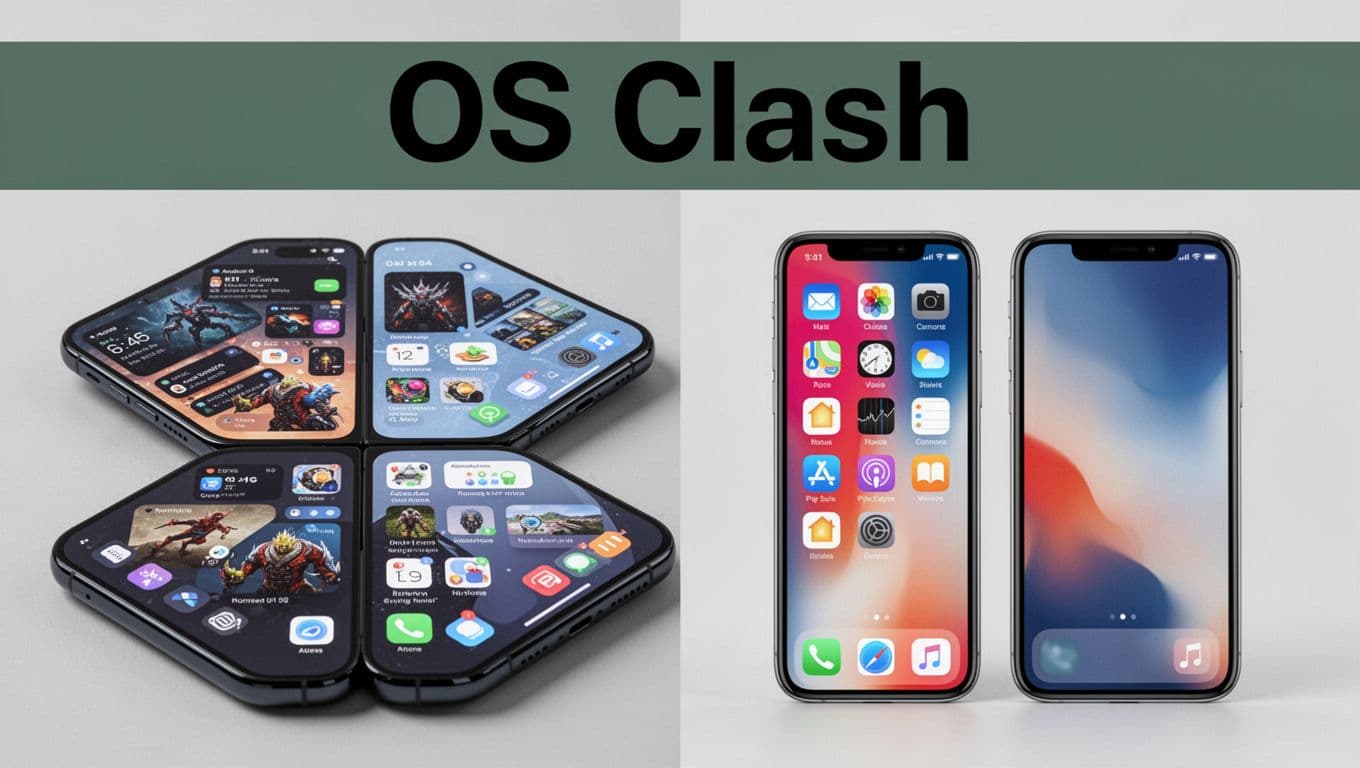 Side-by-side product shot of Android 16 phone on left displaying flexible customization with widgets and multitasking, and iOS 20 phone on right with clean simple home screen. Bold 'OS Clash' headline on dark-green band at top, neutral background, high detail.