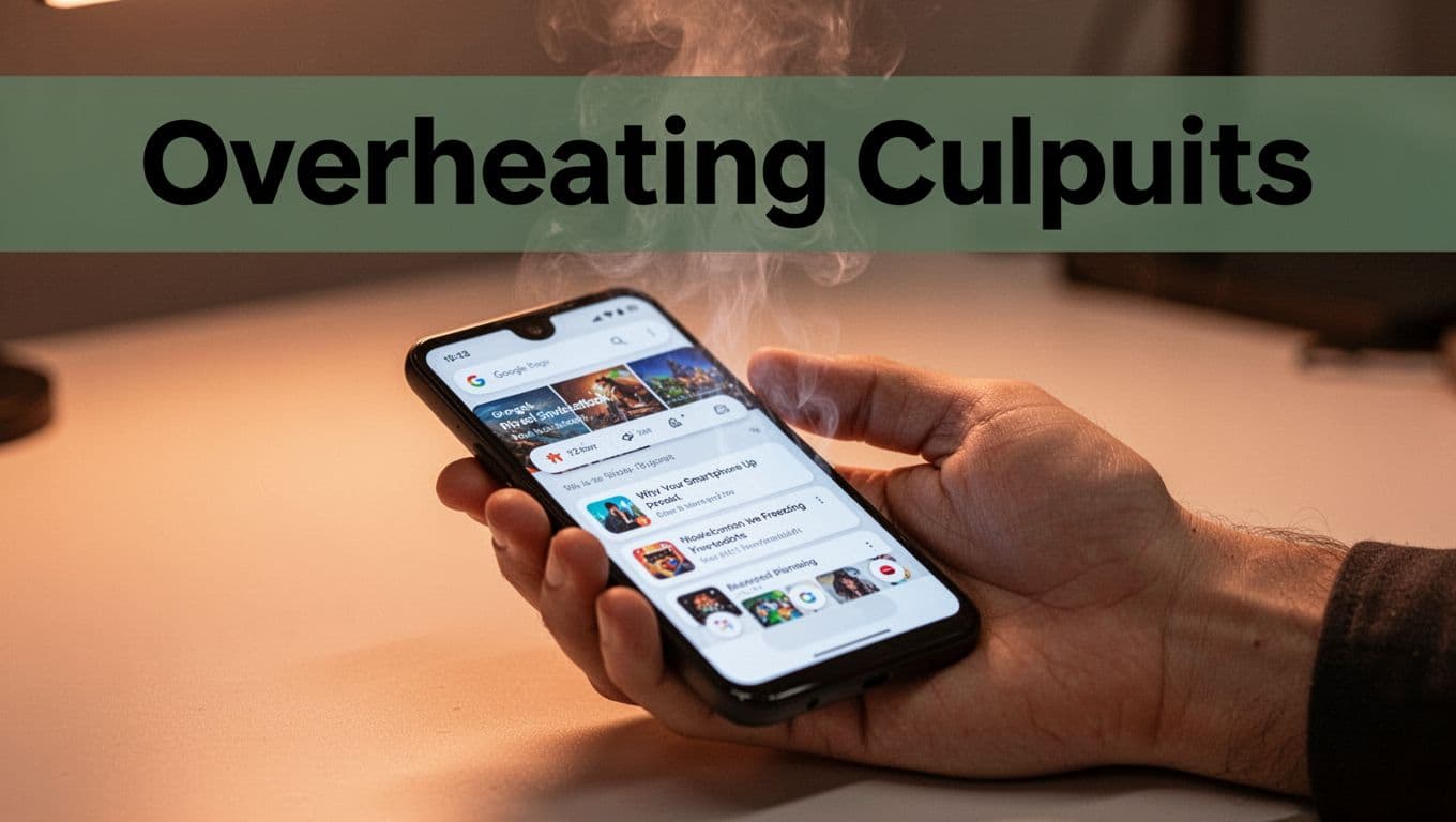 A close-up realistic photo of a modern Google Pixel smartphone overheating in a user's hand during heavy app use, with subtle steam-like heat waves, screen overload, and warm orange lighting on a desk.