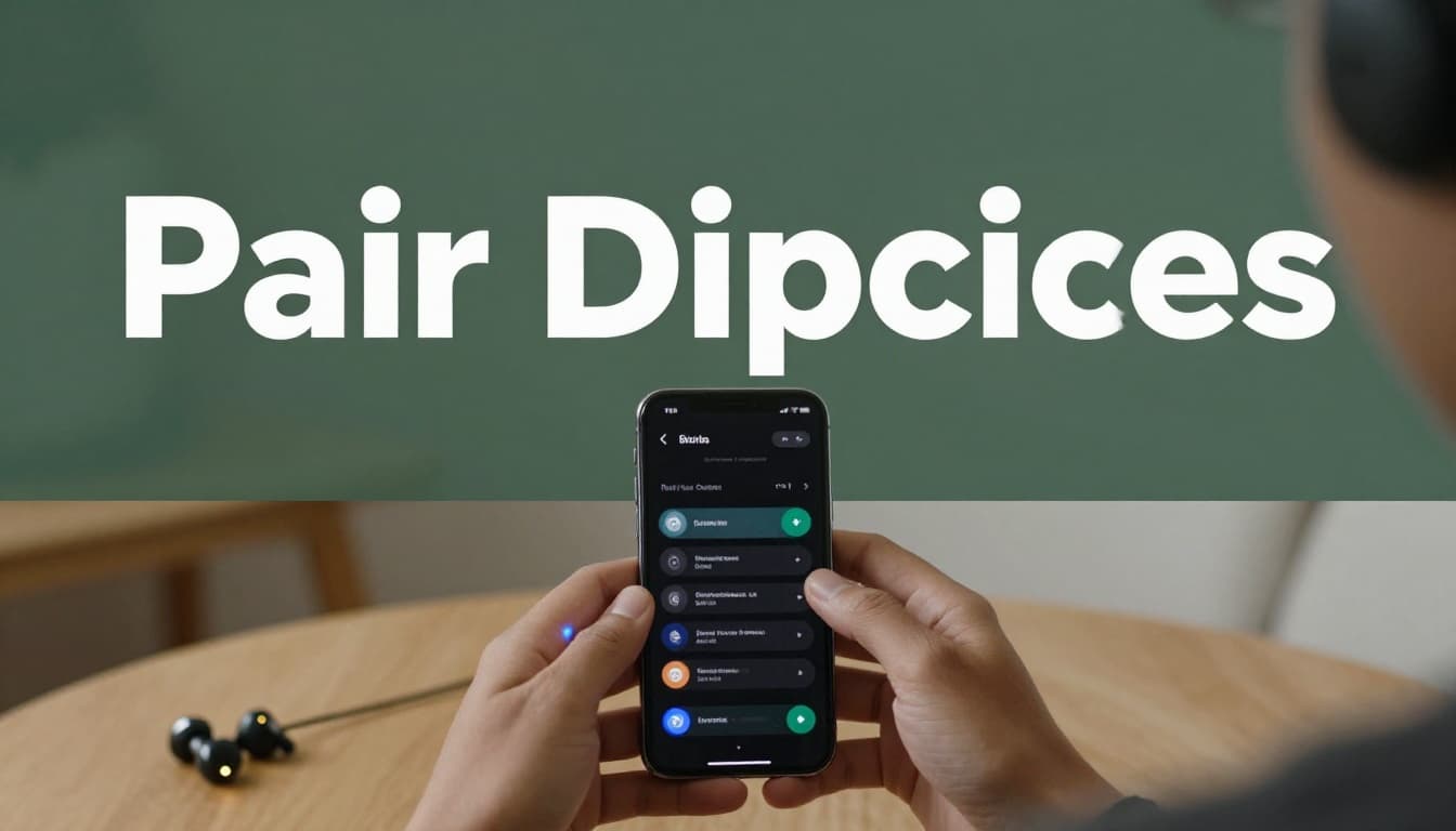 A person pairs wireless headphones in blinking pairing mode with a smartphone on a table in a cozy home with soft lighting. Bold editorial style features a dark-green band with high-contrast 'Pair Devices' headline above the clear focal subject.