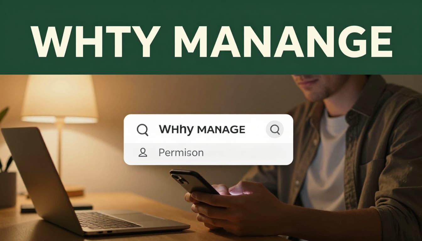 A relaxed person in a cozy home office glances at a phone notification about an app permission request under warm evening light, focusing on risk awareness.