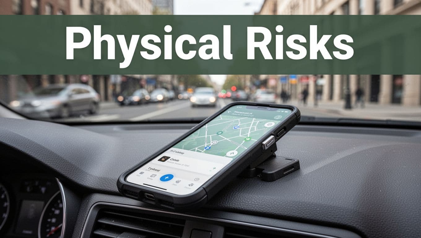 A locked smartphone encased in a protective case rests on a car dashboard with an implied tracking app, viewed through an urban street window in photorealistic style. Bold 'Physical Risks' headline in Title Case spans a muted dark-green band at the top.