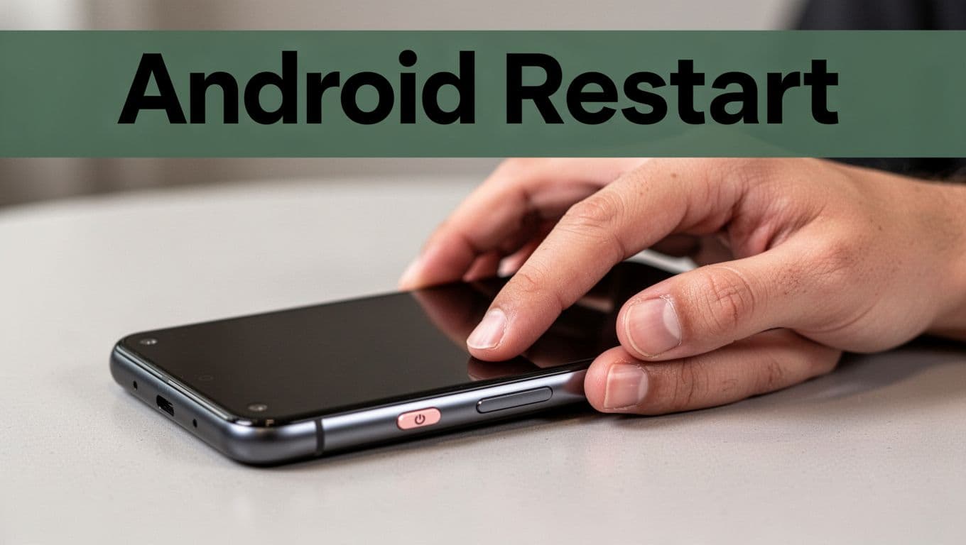 A hand presses the power and volume down buttons simultaneously on a Google Pixel 10 phone lying on a table, initiating a force restart with the screen black. Bold 'Android Restart' headline in title case on a muted dark-green band at the top in Inter Black font, realistic details, simple background.