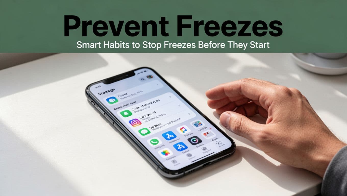 Clean smartphone on a desk with storage management app open, showing closed background apps and paused update notification, organized icons, and a relaxed hand resting nearby in bright natural light.