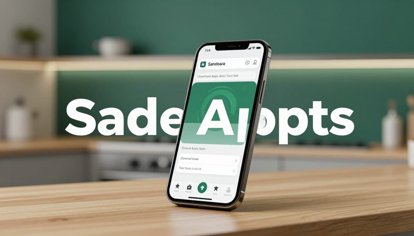 Smartphone screen showing app store with highlighted antivirus app and secure download button on modern kitchen counter, angled from above in realistic style with warm lighting and bold 'Safe Apps' headline.