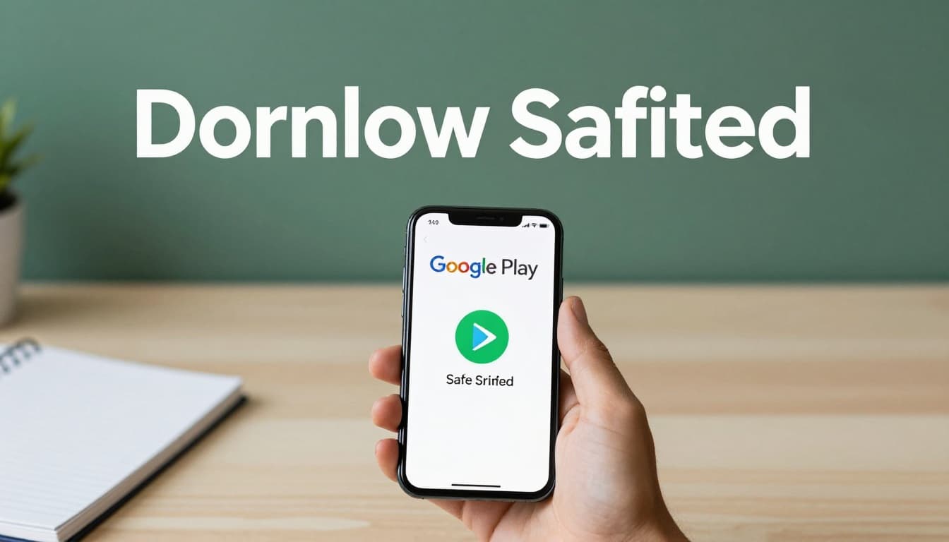 A hand holds an Android phone displaying the Google Play Store searching for an app with a safe verified badge visible, on a desk with a notebook nearby in bright natural light. Bold 'Download Safely' headline in Montserrat Black font on a muted dark-green band near the top.