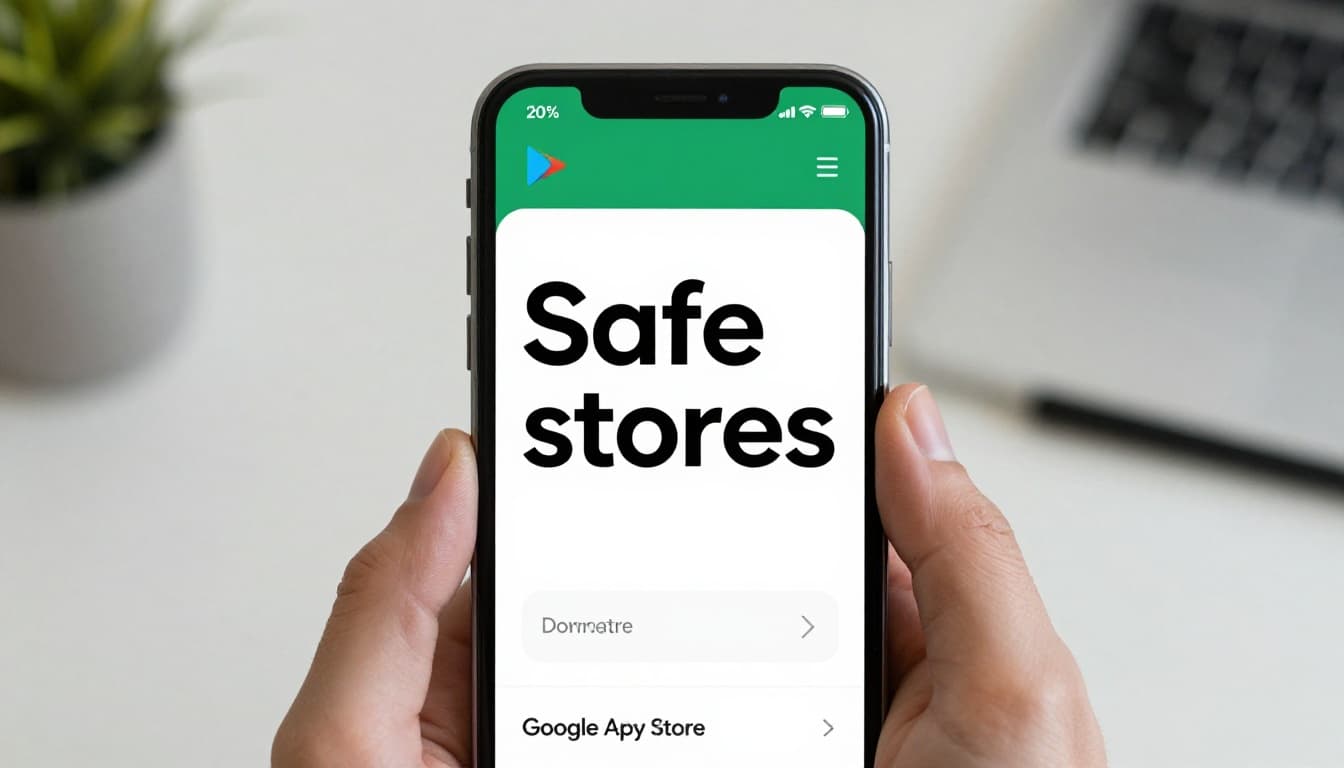A smartphone held in hand displaying the official Google Play Store app download screen with bold 'Safe Stores' headline in a clean modern office desk setting under soft natural light.
