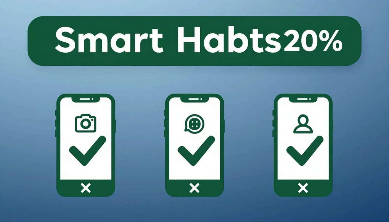 Minimalist flat design illustration of smartphone permission icons for camera, microphone, and location services, featuring checkmarks and crosses on a blue gradient background, with bold 'Smart Habits' headline on a dark-green band.