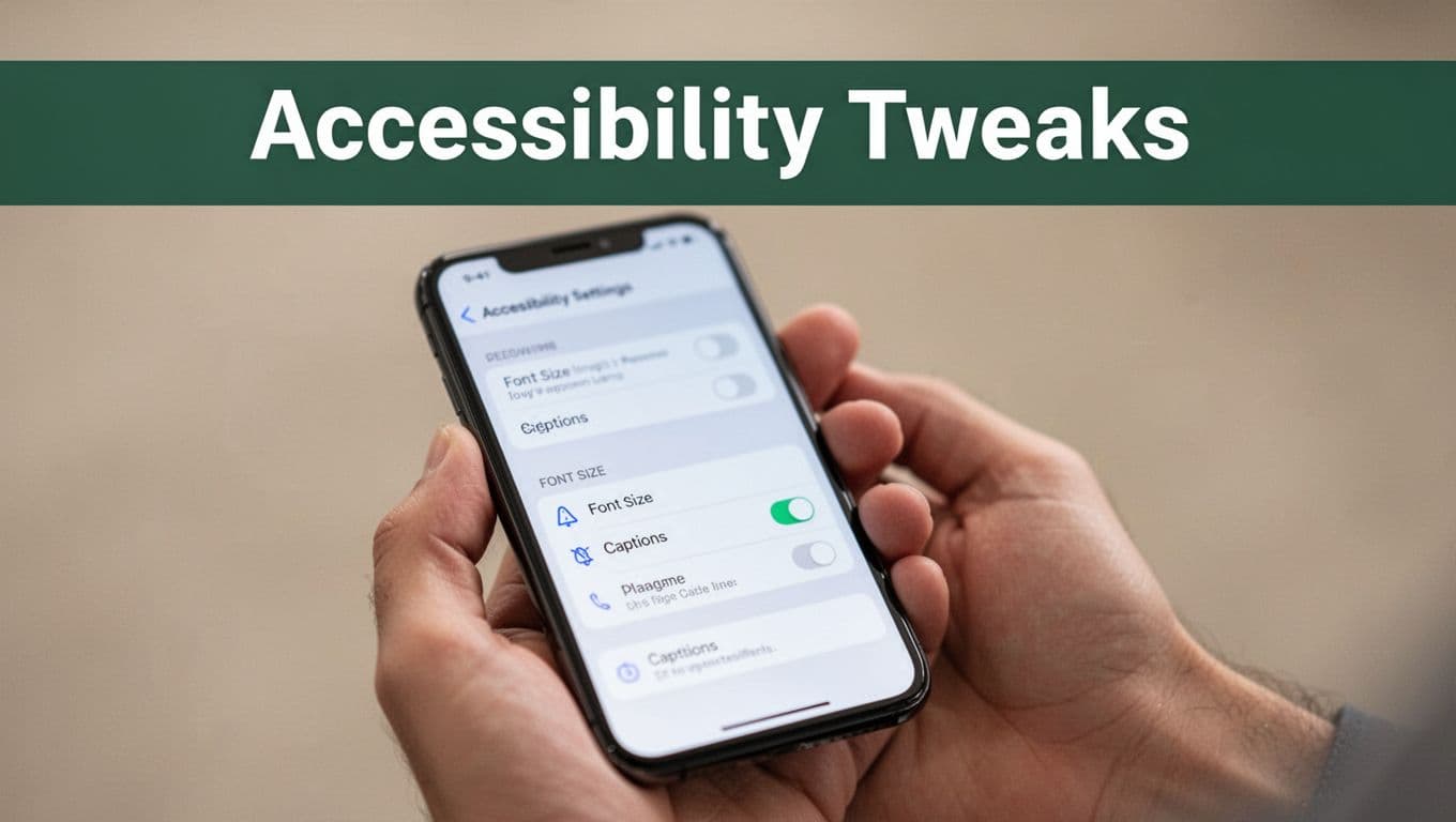 Modern smartphone held comfortably in one relaxed hand displaying blurred accessibility settings menu options like font size and captions on a neutral background with soft natural lighting. Bold muted dark-green horizontal band at top with high-contrast 'Accessibility Tweaks' headline in geometric sans-serif.