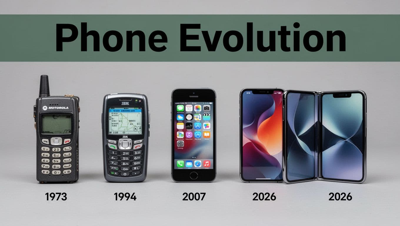 A horizontal timeline of smartphone evolution featuring the 1973 Motorola brick phone, 1994 IBM Simon PDA, 2007 iPhone, and modern 2026 foldable smartphone on a neutral gray background with even studio lighting.