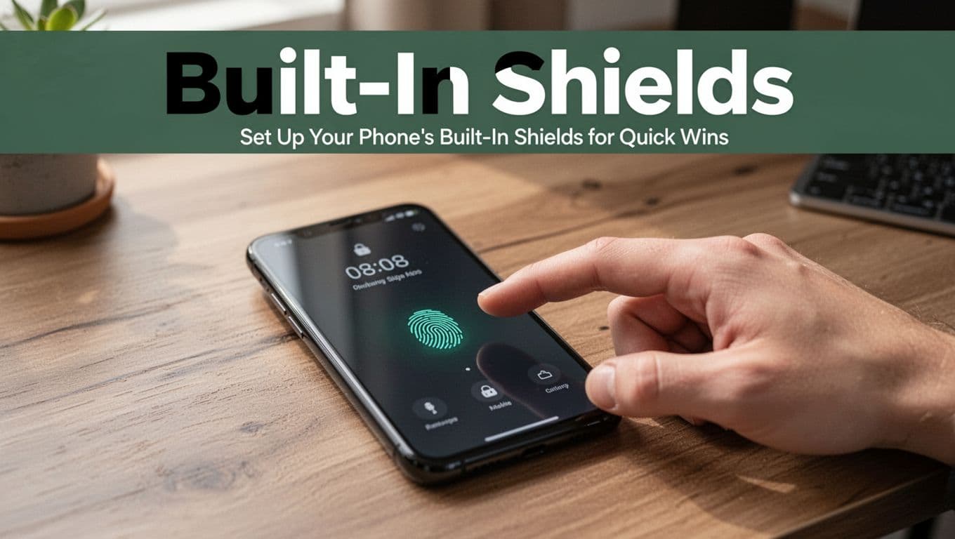 Close-up photorealistic image of a smartphone screen displaying active fingerprint lock settings, with a finger touching the screen, placed on a wooden home office desk under soft natural light. Bold 'Built-In Shields' headline in white text on a muted dark-green band at the top.