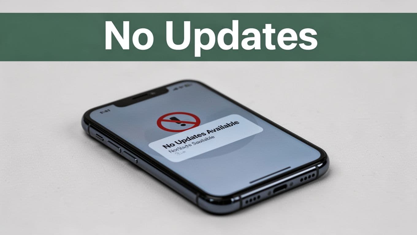 A single smartphone at a slight angle on a plain background displays a security warning notification about no updates available, featuring a bold 'No Updates' headline on a muted dark-green band.